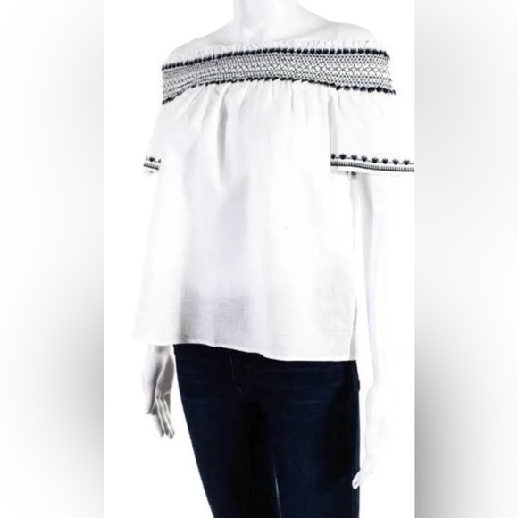 NWT, Ann Taylor Womens Short Sleeve Smocked Off Shoulder, small, linen, cotton - Picture 2 of 12